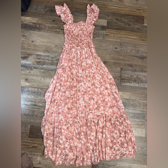 Blu Pepper Pink Floral Smocked Midi Dress S Ruffle Strap Tiered Cottagecore Boho - Picture 7 of 7